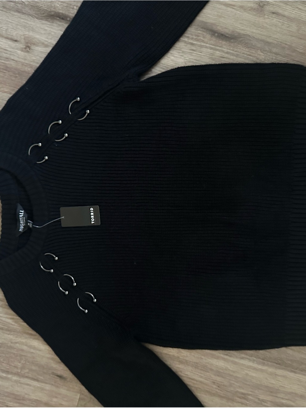 torrid Black Ribbed Crew Sweater with Silver Ring Accents